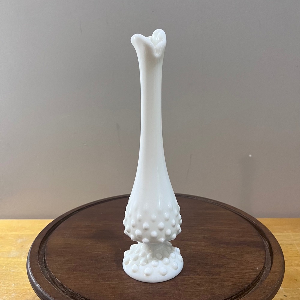 Vtg Fenton White Milk Glass Hobnail Bud Vase 9" Mid-Century Modern Decor
